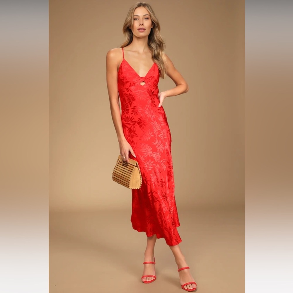 Lulu's Red Midi Slip Dress with Subtle Leaf Jacquard